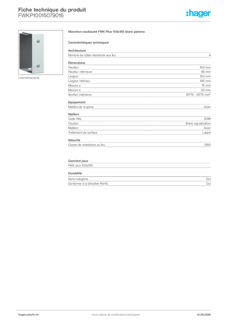 Image Hager Fiche technique du produit FWKP10015079016 | Hager Suisse
