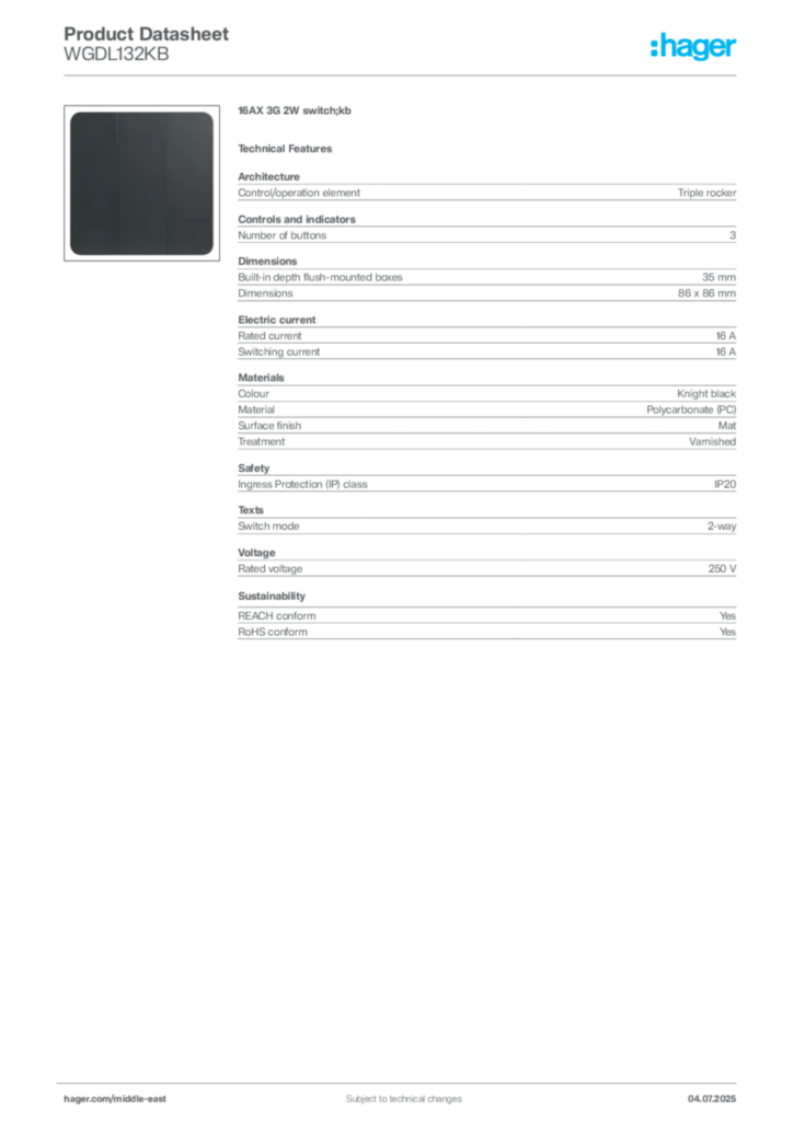 Image Hager Product data sheet WGDL132KB  | Hager