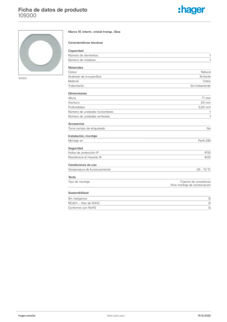 Imagen Hager Ficha de datos de producto 109300 | Hager España