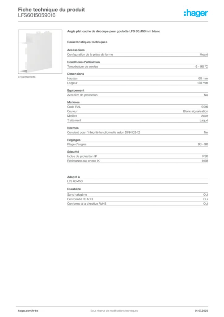 Image Hager Fiche technique du produit LFS6015059016 | Hager Belgique