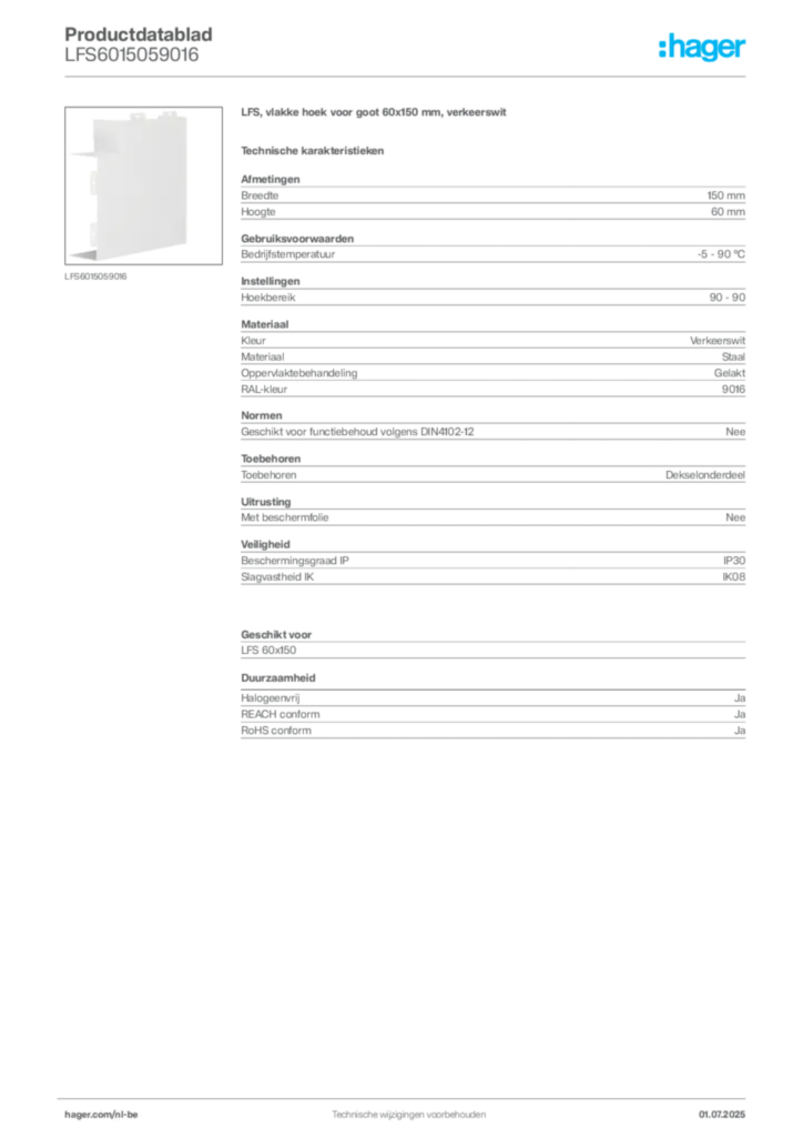 Afbeelding Hager Productdatablad LFS6015059016 | Hager Belgium