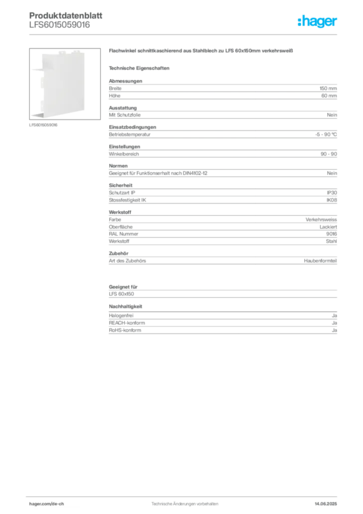 Bild Hager Produktdatenblatt LFS6015059016 | Hager Schweiz