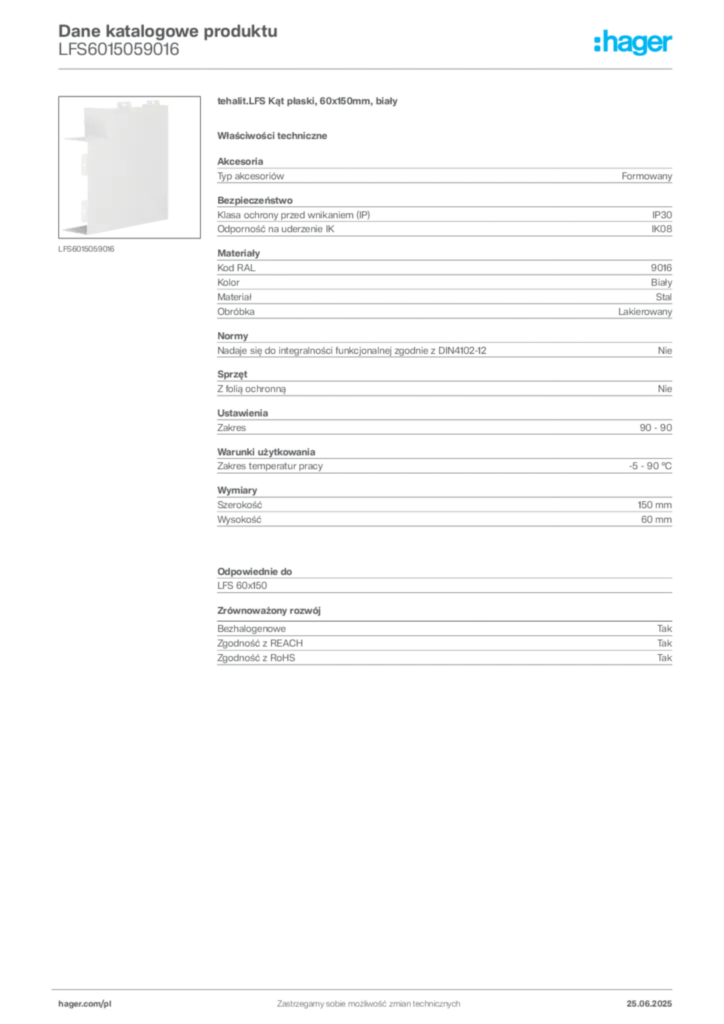 Zdjęcie Hager Karta katalogowa LFS6015059016 | Hager Polska