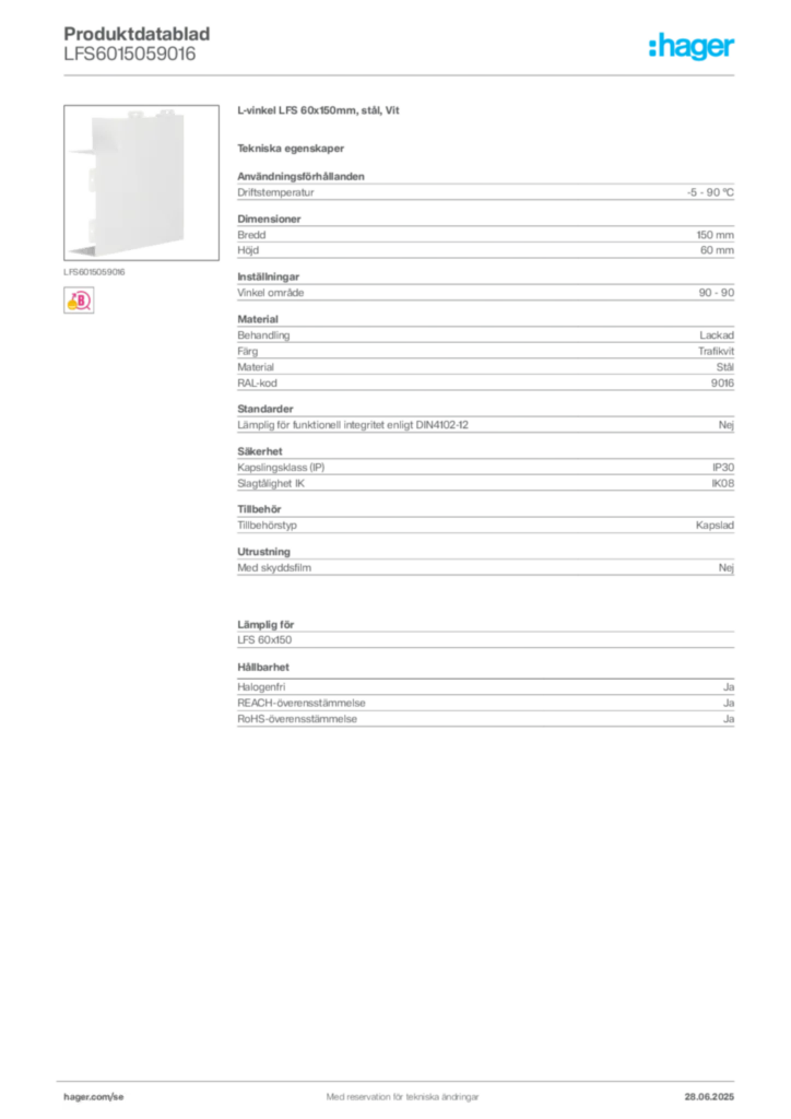 Bild Hager Produktdatablad LFS6015059016 | Hager Sverige