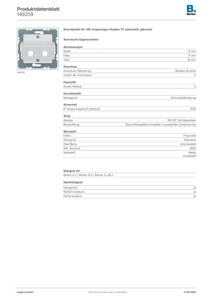 Bild Berker Produktdatenblatt 149209 | Hager Deutschland