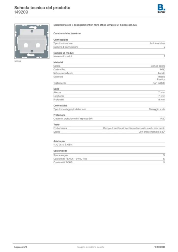 Immagine Berker Scheda tecnica del prodotto 149209 | Hager Italia