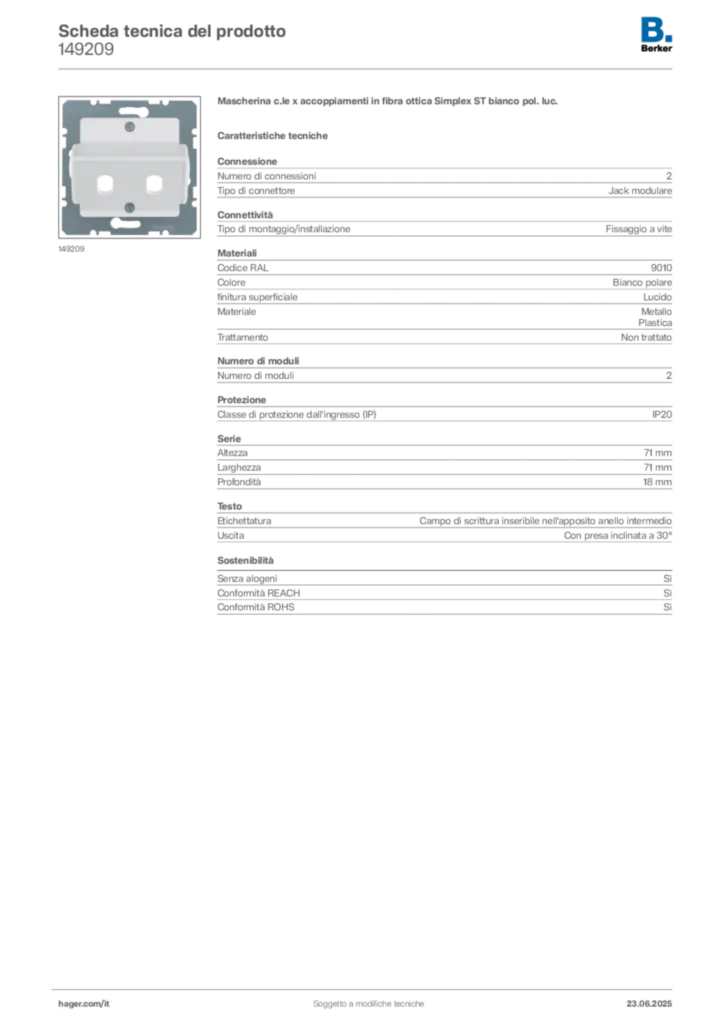Immagine Berker Scheda tecnica del prodotto 149209 | Hager Italia
