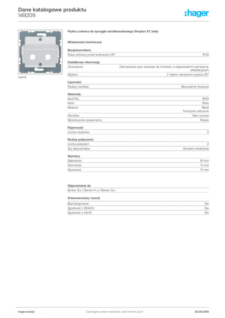 Zdjęcie Hager Karta katalogowa 149209 | Hager Polska