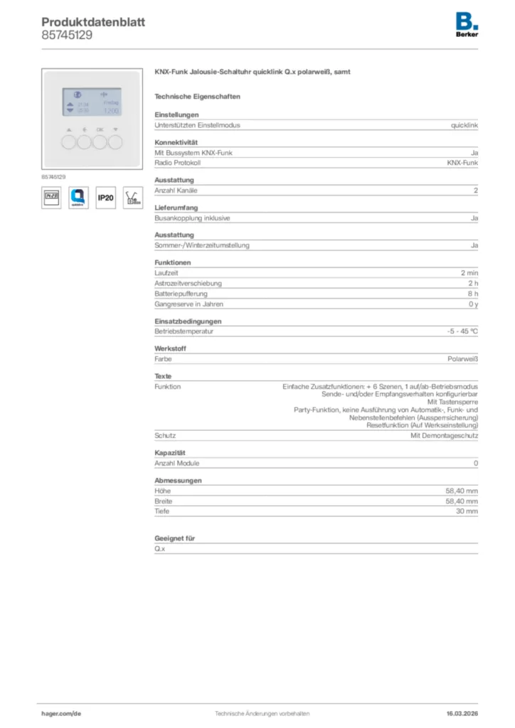 Bild Berker Produktdatenblatt 85745129 | Hager Deutschland