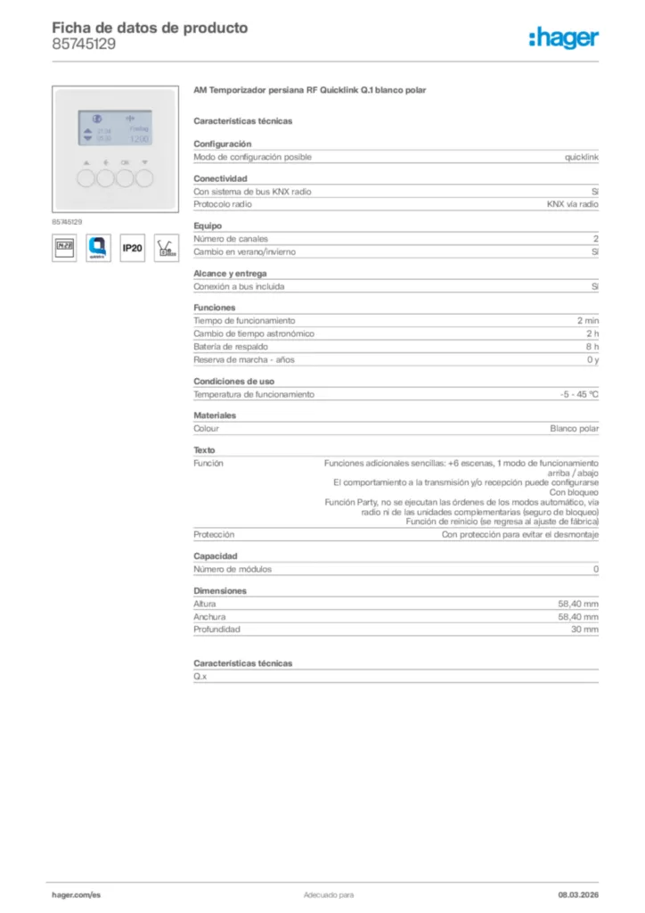 Imagen Hager Ficha de datos de producto 85745129 | Hager España