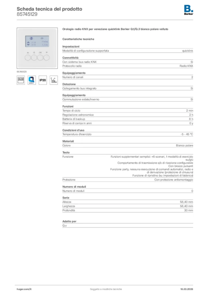 Immagine Berker Scheda tecnica del prodotto 85745129 | Hager Italia