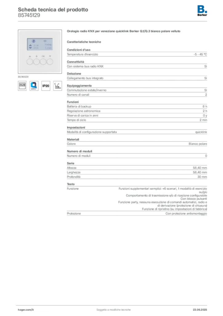 Immagine Berker Scheda tecnica del prodotto 85745129 | Hager Italia