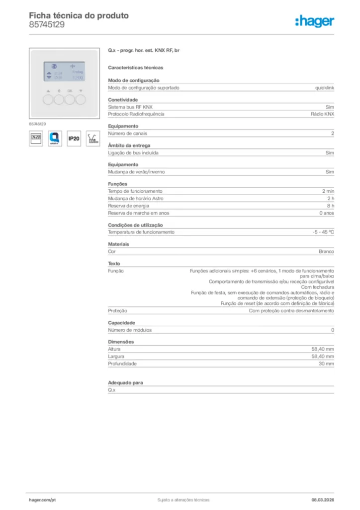 Imagem Hager Ficha técnica do produto 85745129 | Hager Portugal