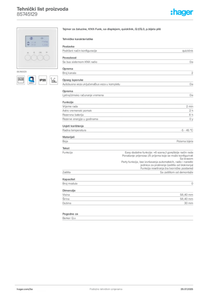 Slika Hager Product data sheet 85745129  | Hager