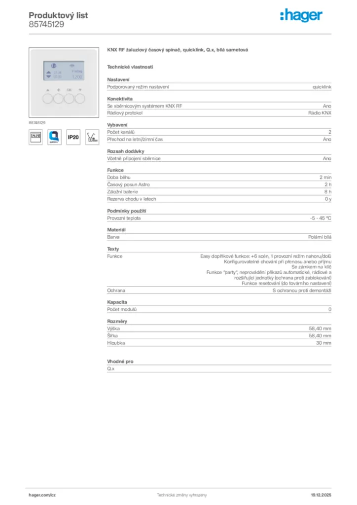 Obrázek Hager Produktový list 85745129 | Hager