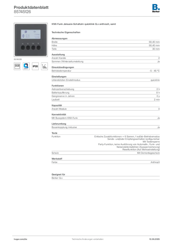 Bild Berker Produktdatenblatt 85745126 | Hager Deutschland