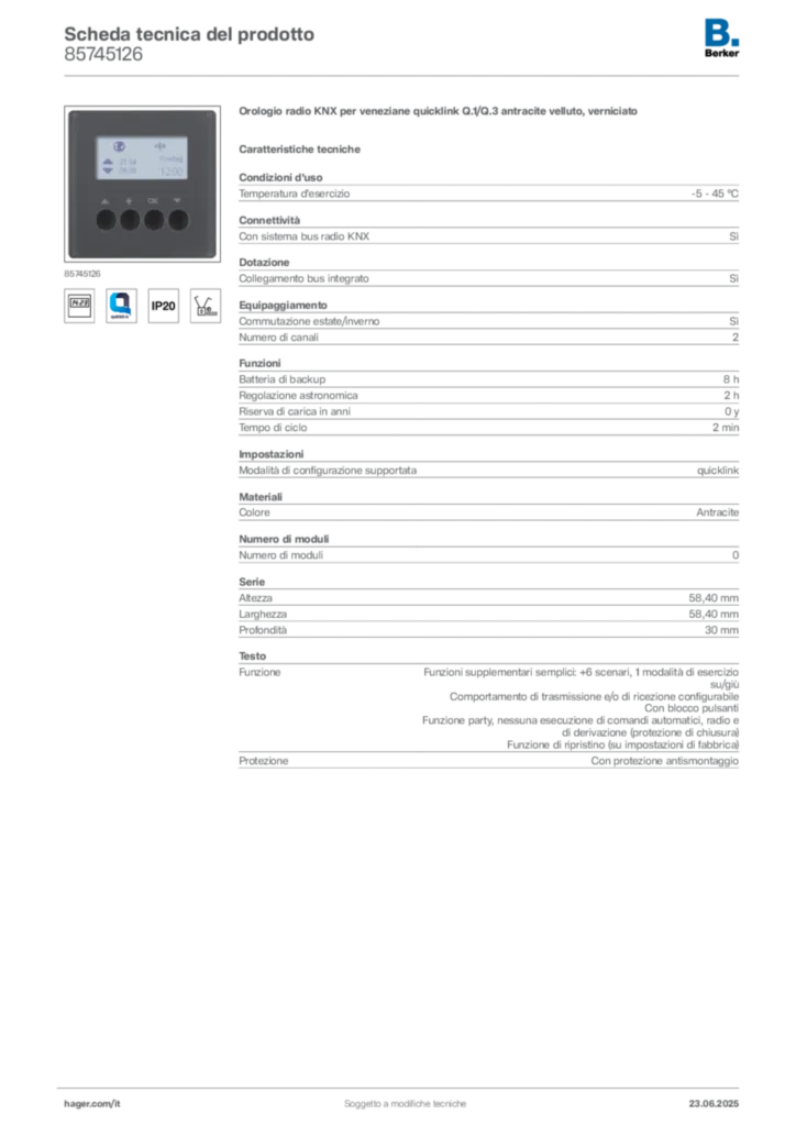 Immagine Berker Scheda tecnica del prodotto 85745126 | Hager Italia
