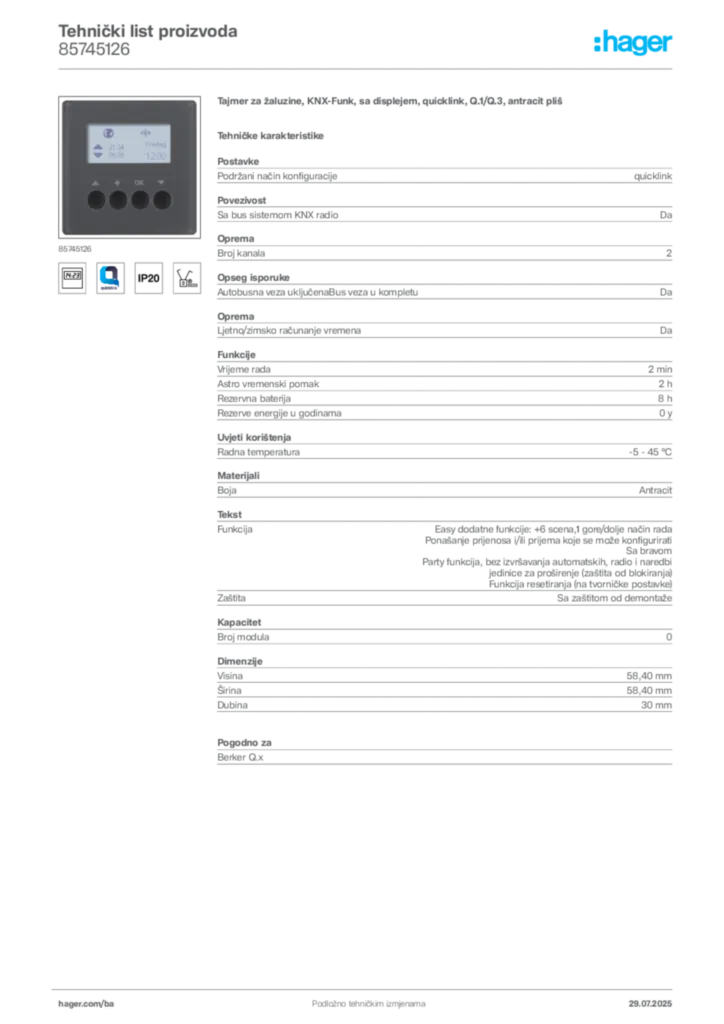 Slika Hager Product data sheet 85745126  | Hager