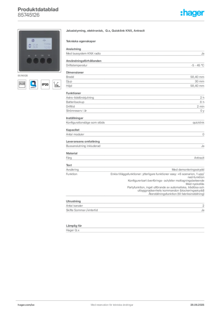 Bild Hager Produktdatablad 85745126 | Hager Sverige