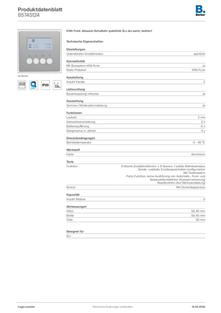 Bild Berker Produktdatenblatt 85745124 | Hager Deutschland