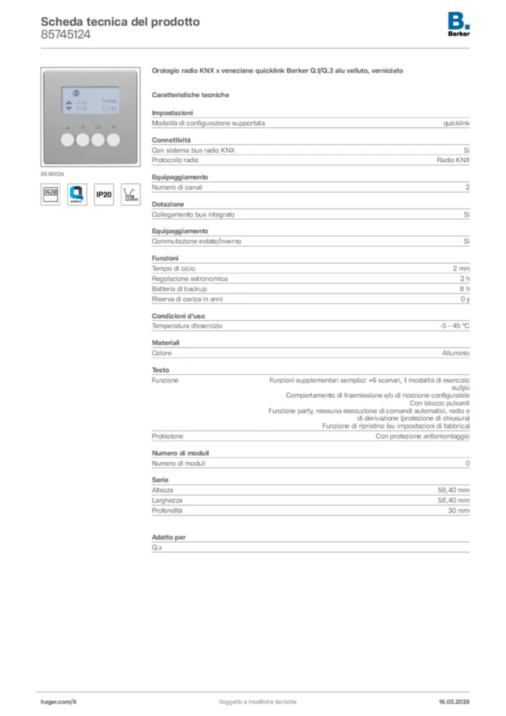 Immagine Berker Scheda tecnica del prodotto 85745124 | Hager Italia