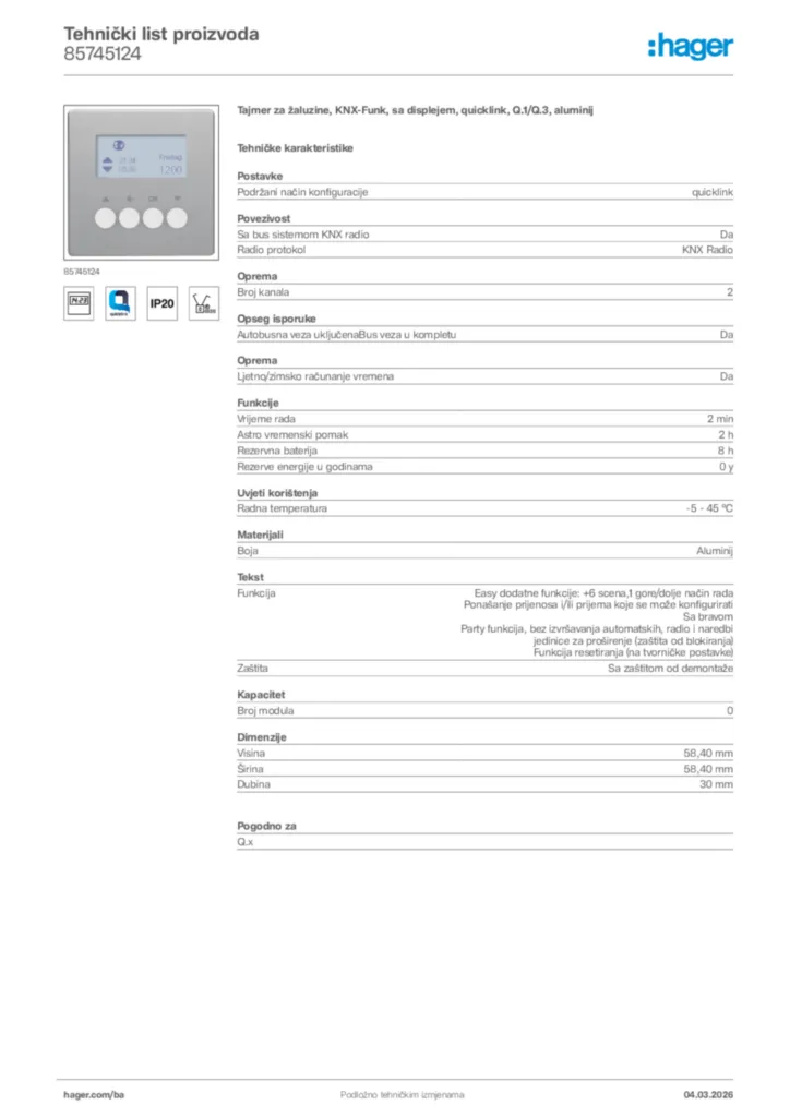 Slika Hager Tehnički list proizvoda 85745124  | Hager