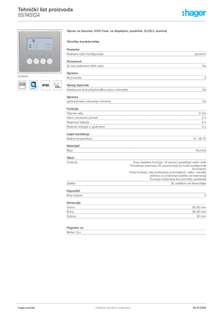 Slika Hager Product data sheet 85745124  | Hager