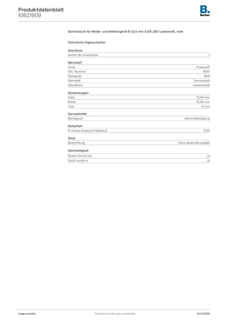 Bild Berker Produktdatenblatt 10621909 | Hager Deutschland