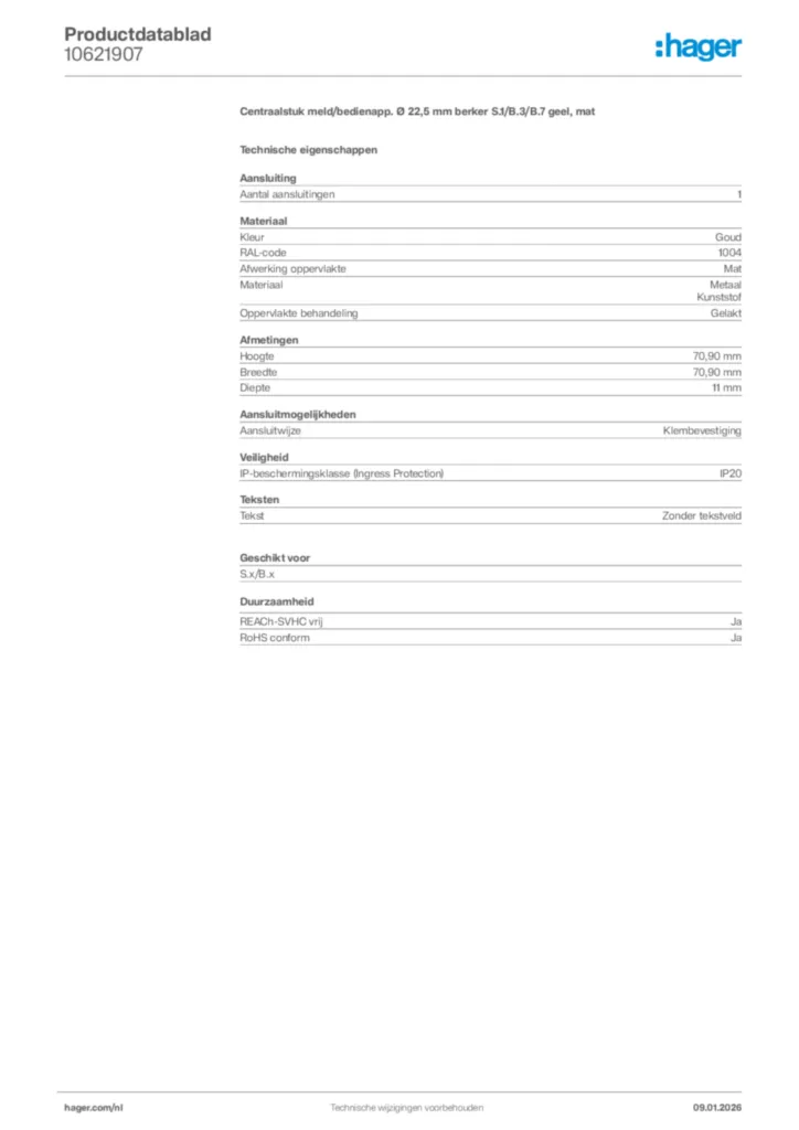 Afbeelding Hager Productdatablad 10621907 | Hager Nederland