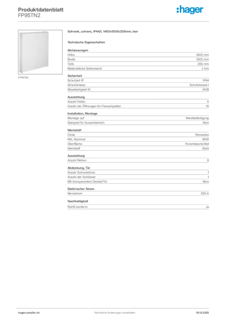 Bild Hager Produktdatenblatt FP95TN2 | Hager Schweiz
