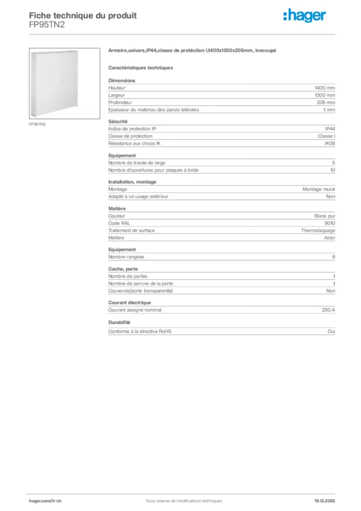Image Hager Fiche technique du produit FP95TN2 | Hager Suisse