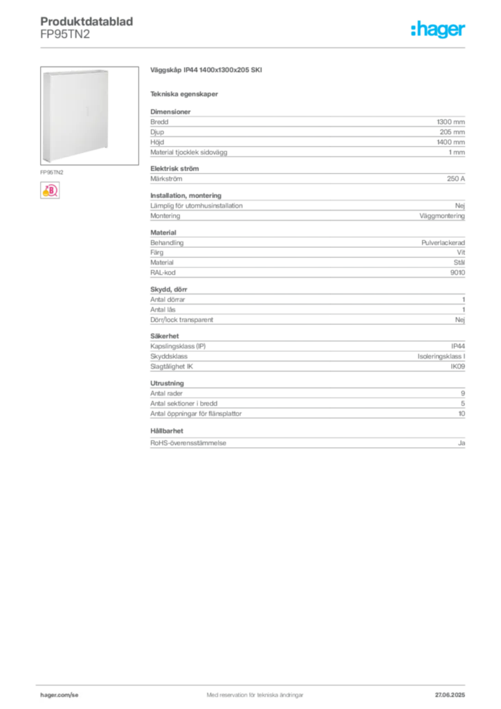 Bild Hager Produktdatablad FP95TN2 | Hager Sverige