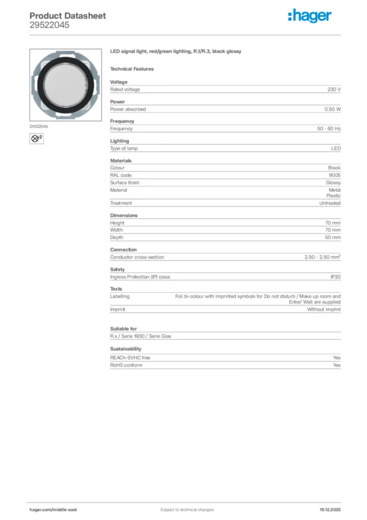 Image Hager Product data sheet 29522045  | Hager