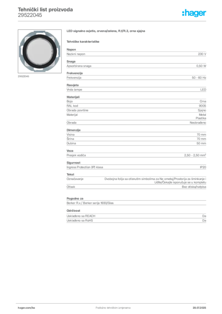 Slika Hager Product data sheet 29522045  | Hager