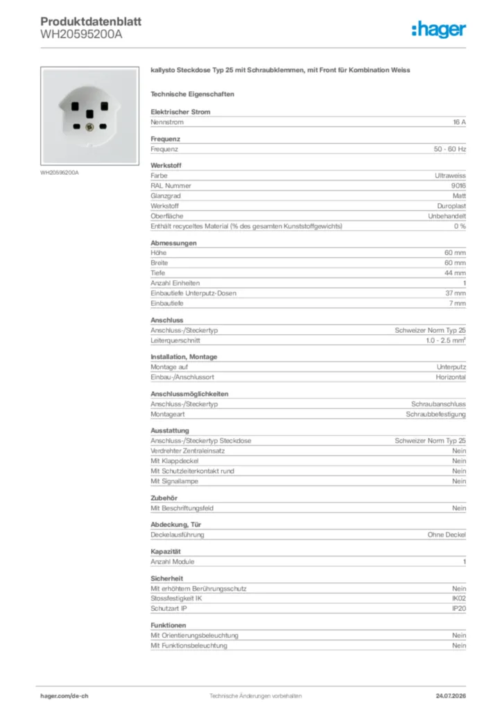 Bild Hager Produktdatenblatt WH20595200A | Hager Schweiz