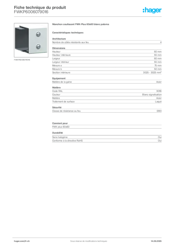Image Hager Fiche technique du produit FWKP6006079016 | Hager Suisse