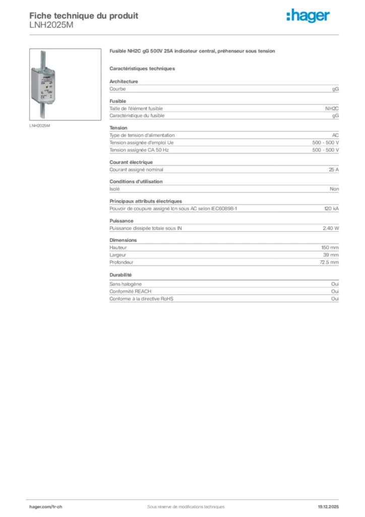 Image Hager Fiche technique du produit LNH2025M | Hager Suisse