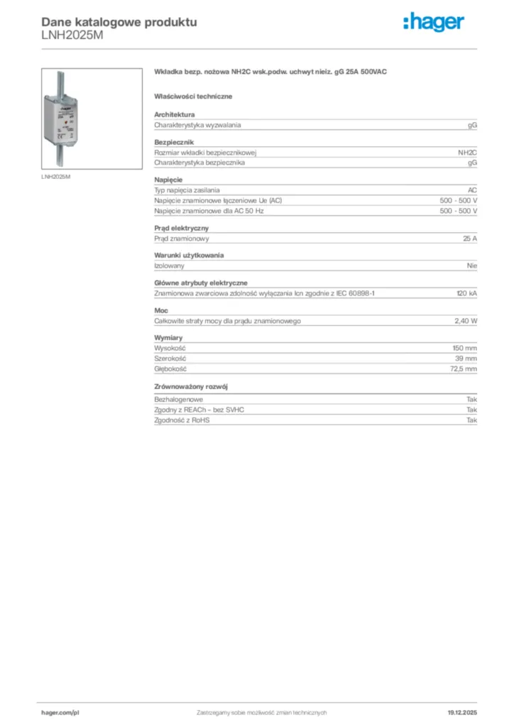 Zdjęcie Hager Karta katalogowa LNH2025M | Hager Polska