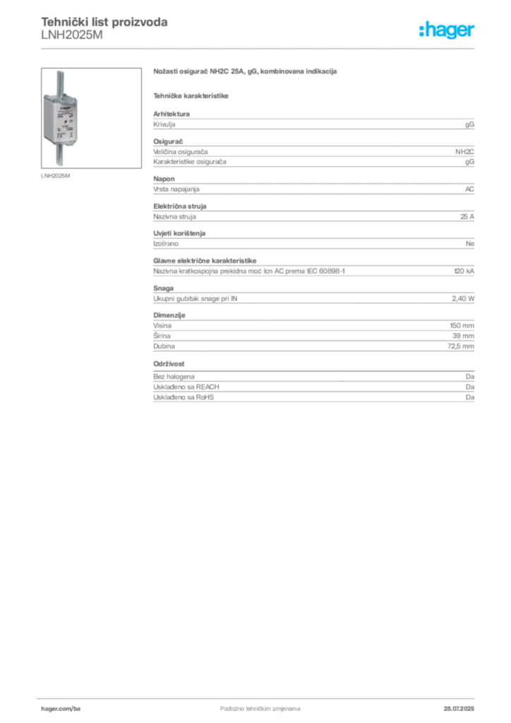 Slika Hager Product data sheet LNH2025M  | Hager