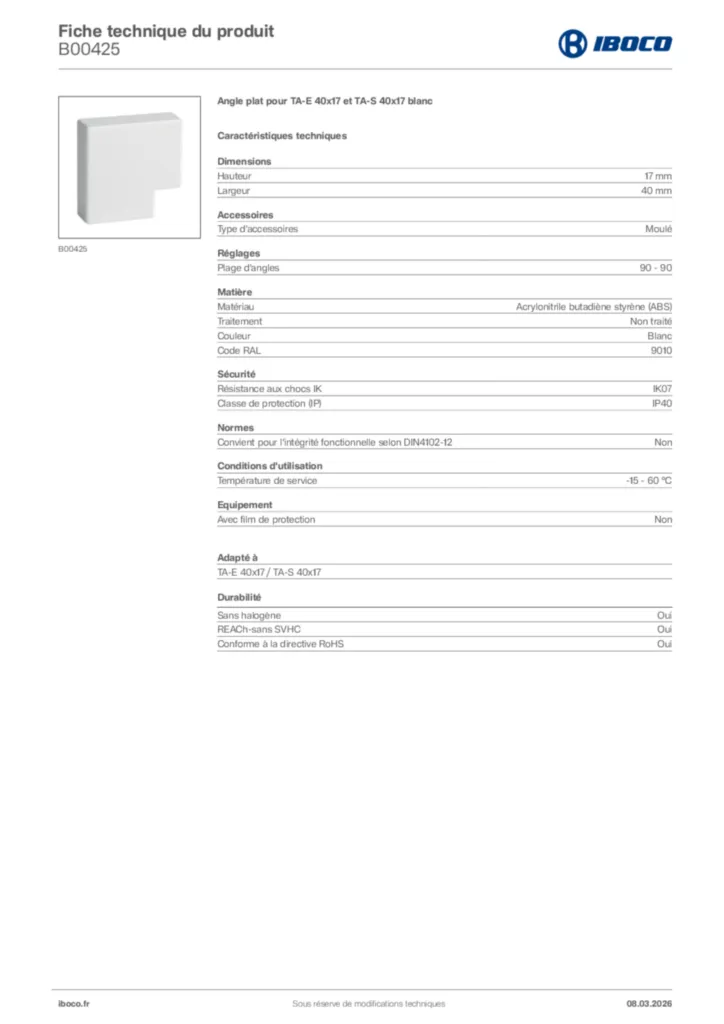 Image Iboco Fiche technique du produit B00425 | Hager France