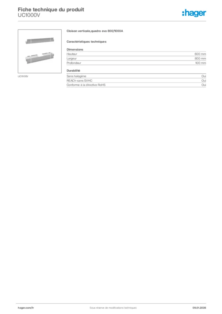 Image Hager Fiche technique du produit UC1000V | Hager France