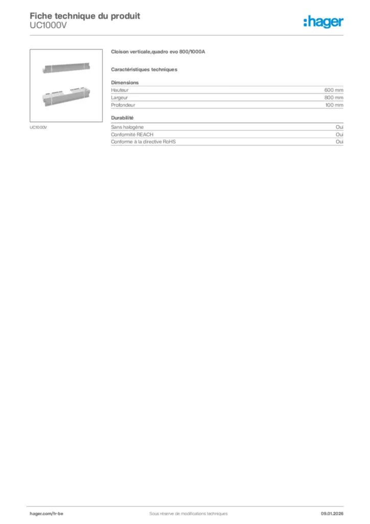 Image Hager Fiche technique du produit UC1000V | Hager Belgique
