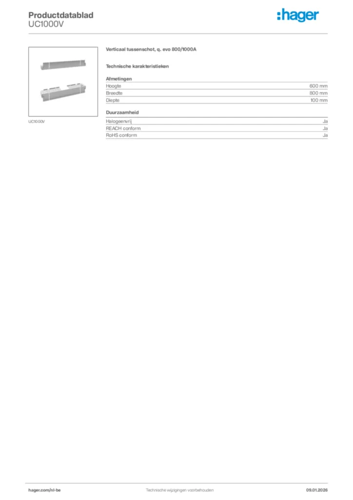 Afbeelding Hager Productdatablad UC1000V | Hager Belgium