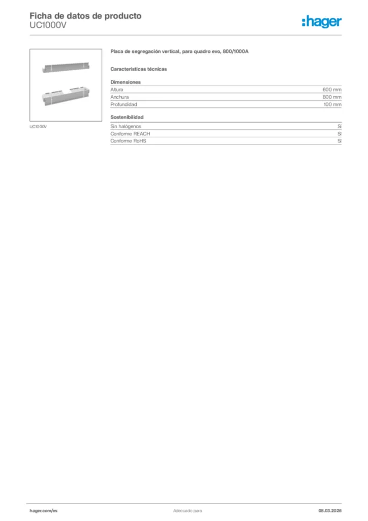 Imagen Hager Ficha de datos de producto UC1000V | Hager España