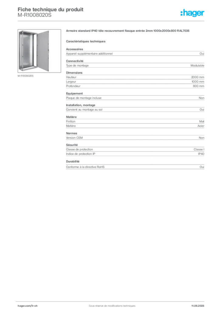 Image Hager Fiche technique du produit M-R1008020S | Hager Suisse