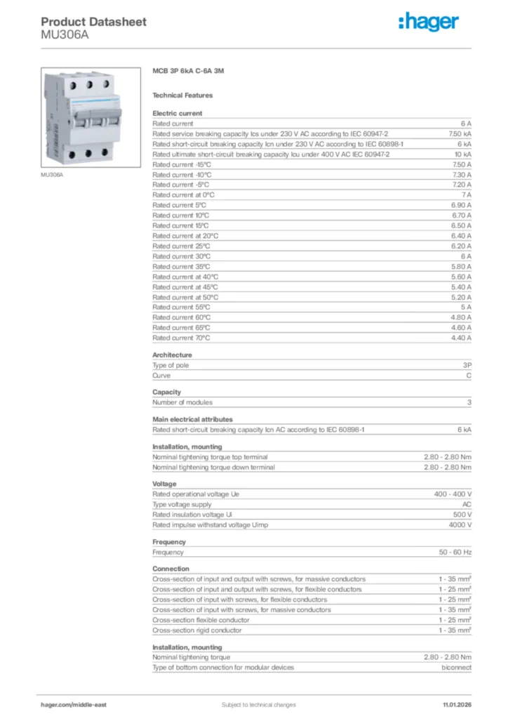Image Hager Product data sheet MU306A  | Hager