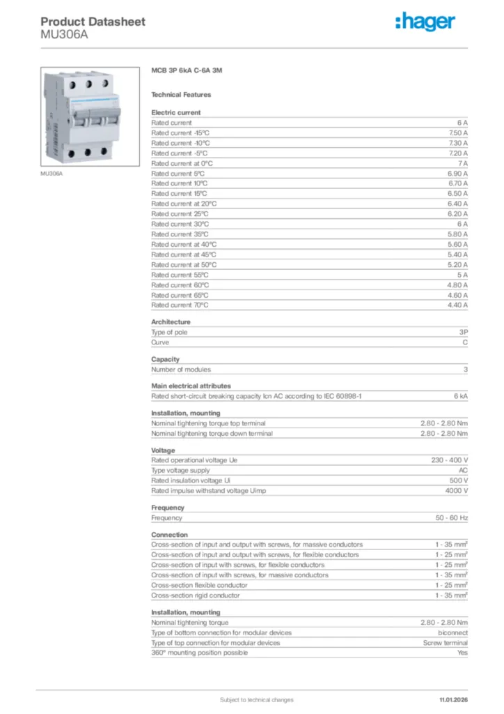 Image Hager Product data sheet MU306A  | Hager