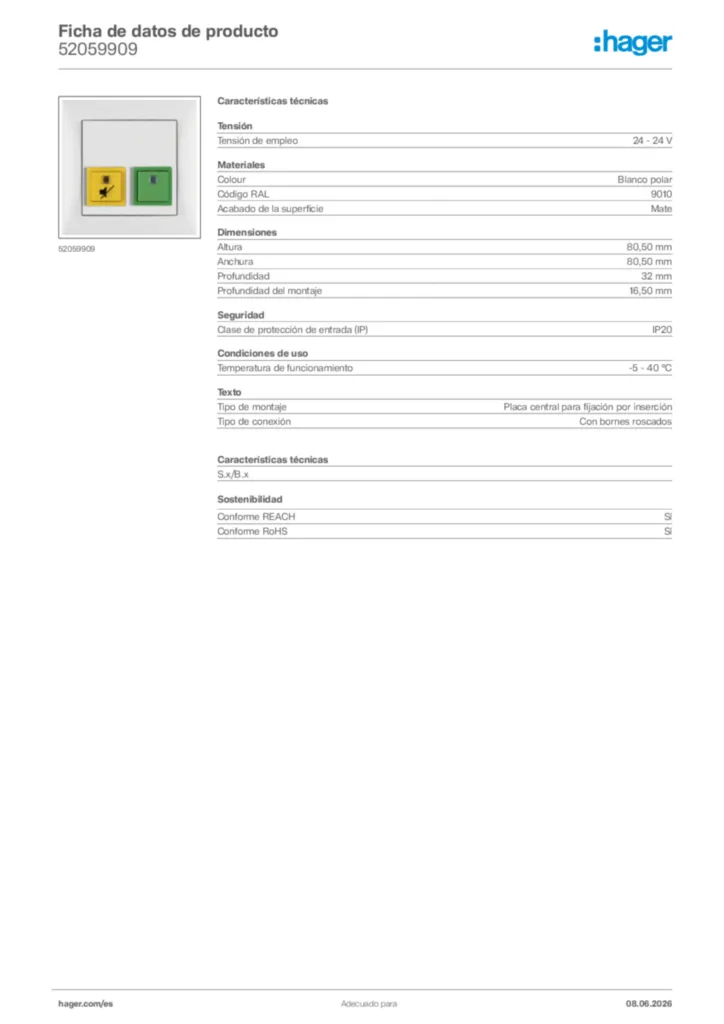 Imagen Hager Ficha de datos de producto 52059909 | Hager España