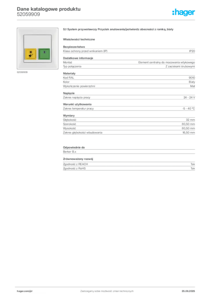Zdjęcie Hager Karta katalogowa 52059909 | Hager Polska