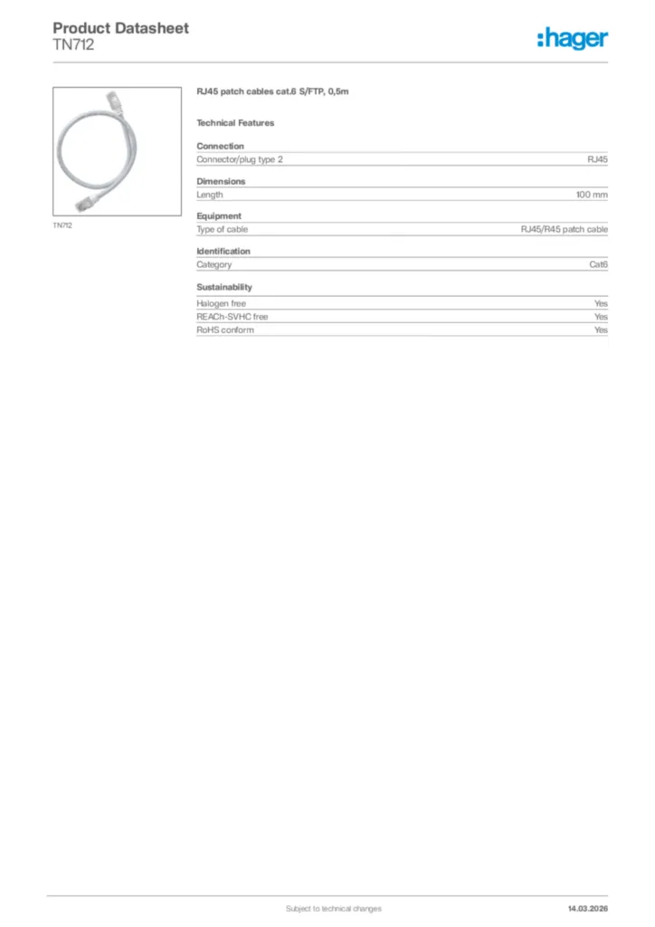 Image Hager Product data sheet TN712  | Hager Africa